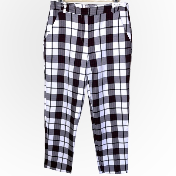 ASOS check burgundy white tapered cropped front zipper pants Sz 6 - Picture 1 of 4
